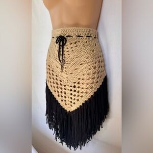 Handmade Crochet Tan & Black Fringe Skirt Large Boho Cowgirl Western